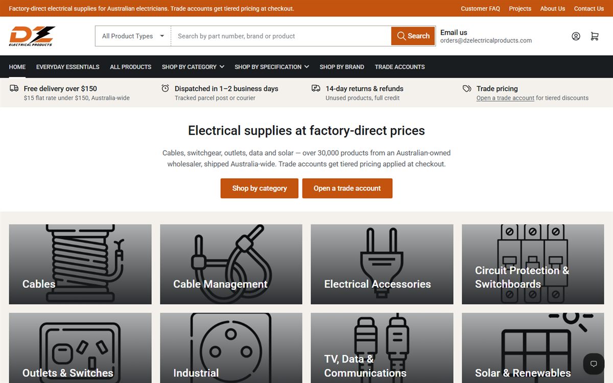 Homepage of the DZ Electrical Products website